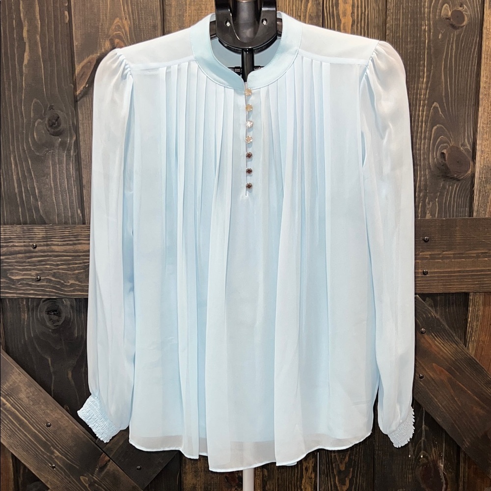 Calvin Klein Pleated Top S P Blue Puff Sleeves Boho Smocked Sheer‎ Button Office